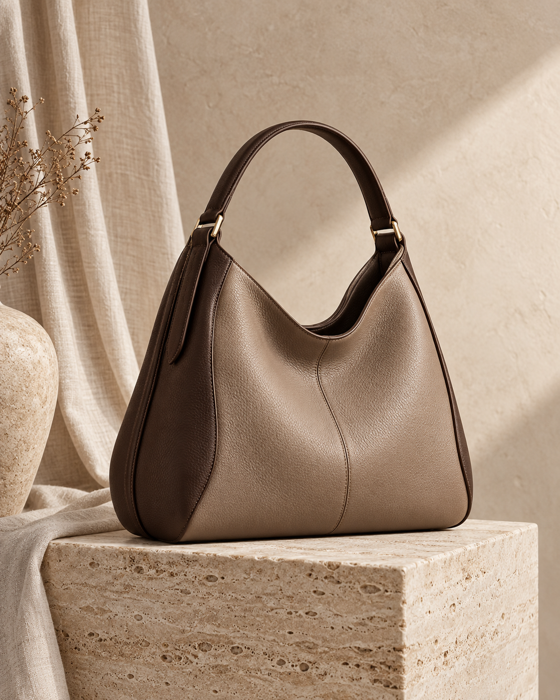 Sculptural JINTENG leather bag in warm natural light