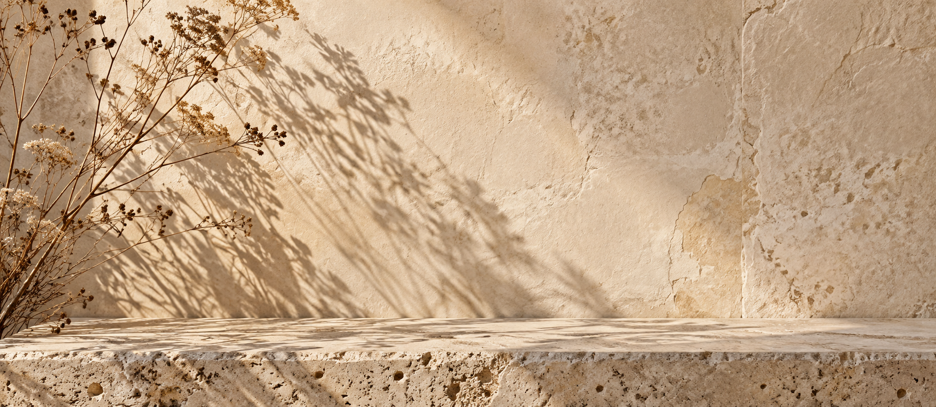 Soft botanical shadows across warm stone